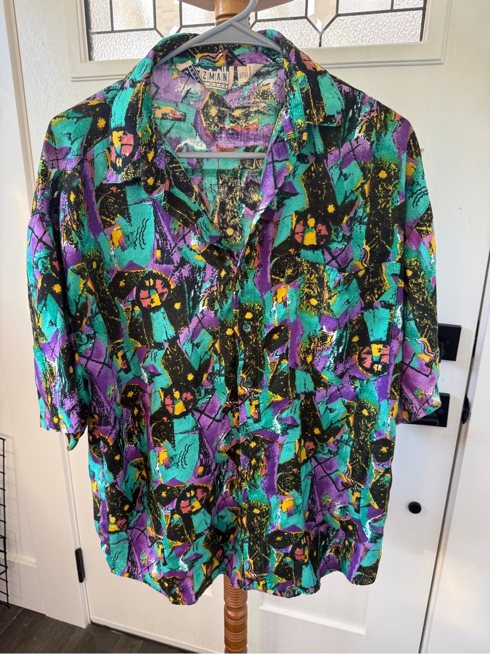 Vintage 1980’s- Jazzman- Short-Sleeve Abstract Print Shirt - Teal & Purple